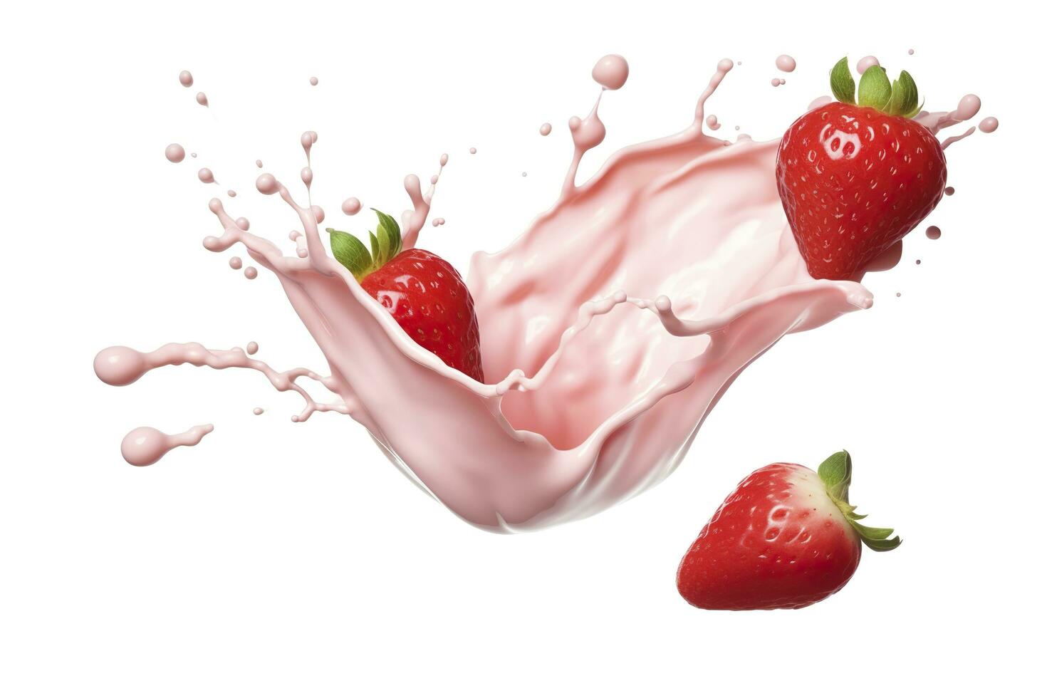 Leche o yogur chapoteo con fresas aislado en blanco fondo, 3d representación. ai generado foto