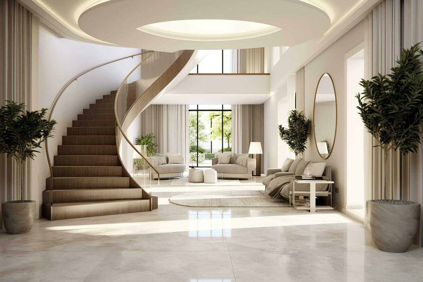 The interior design of the modern entrance hall with a staircase in the villa. AI Generated photo