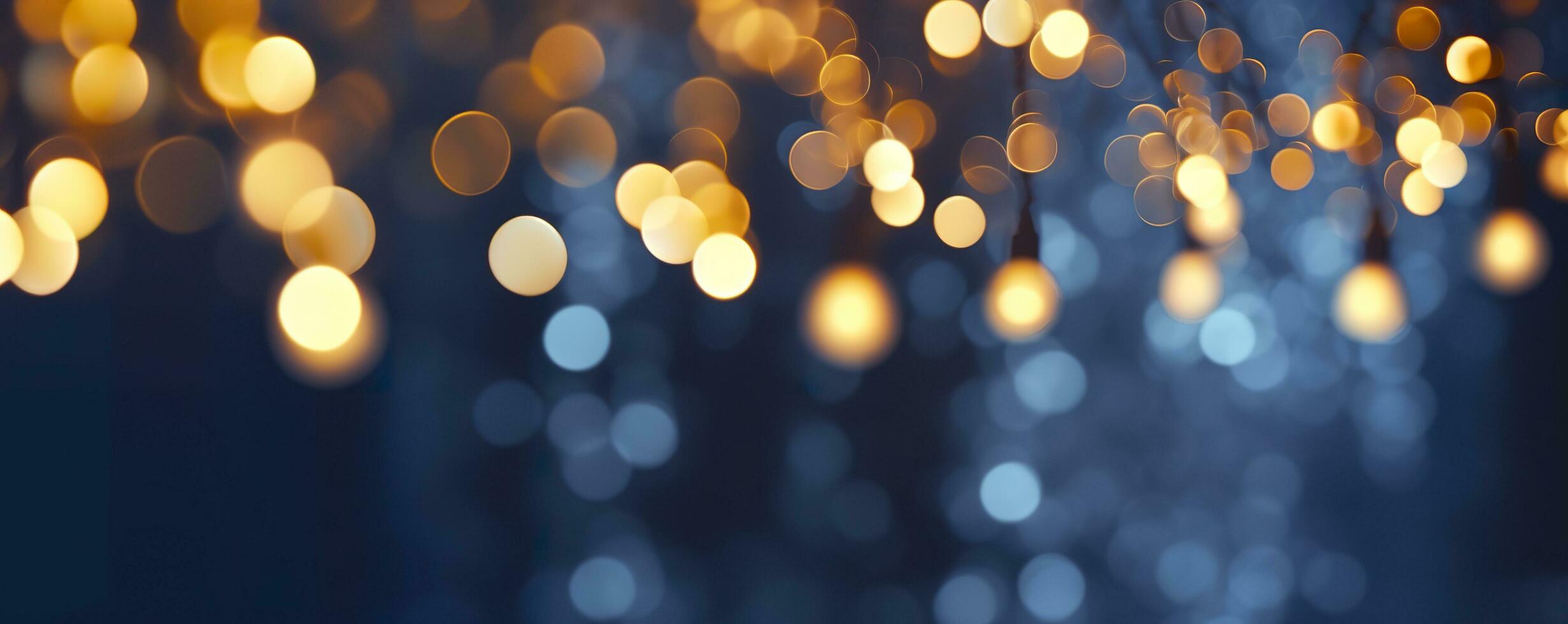 holiday illumination and decoration concept, Christmas garland bokeh lights over dark blue background. AI Generated photo