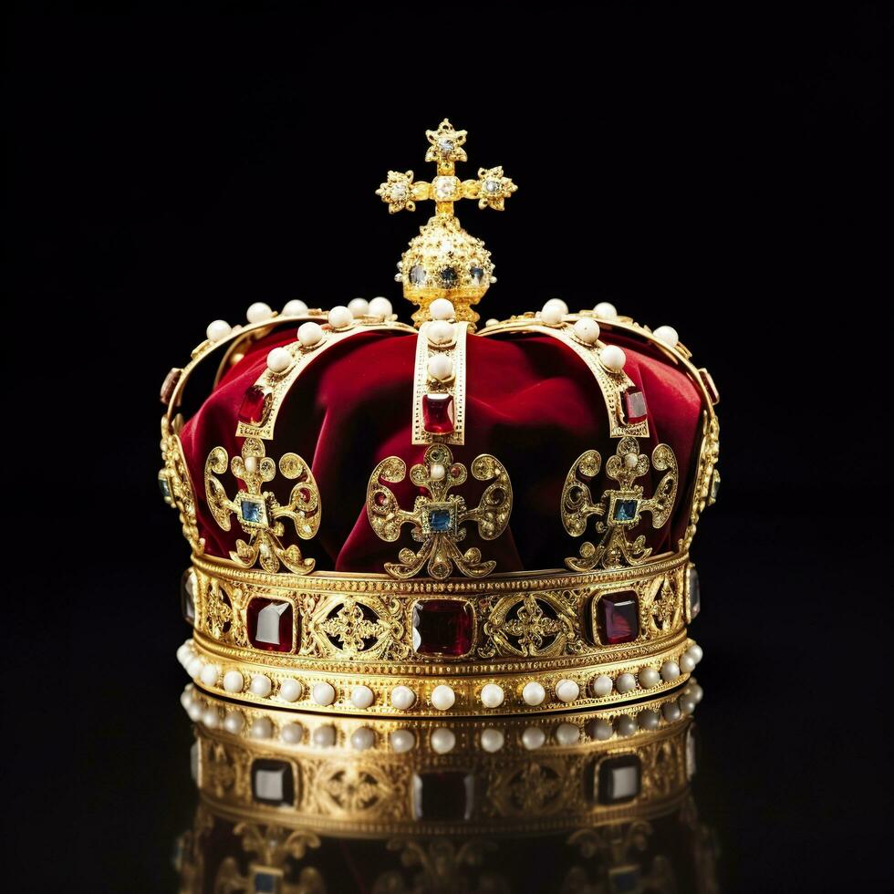 The Royal Coronation Crown Isolated on a Black Background. Generative AI photo