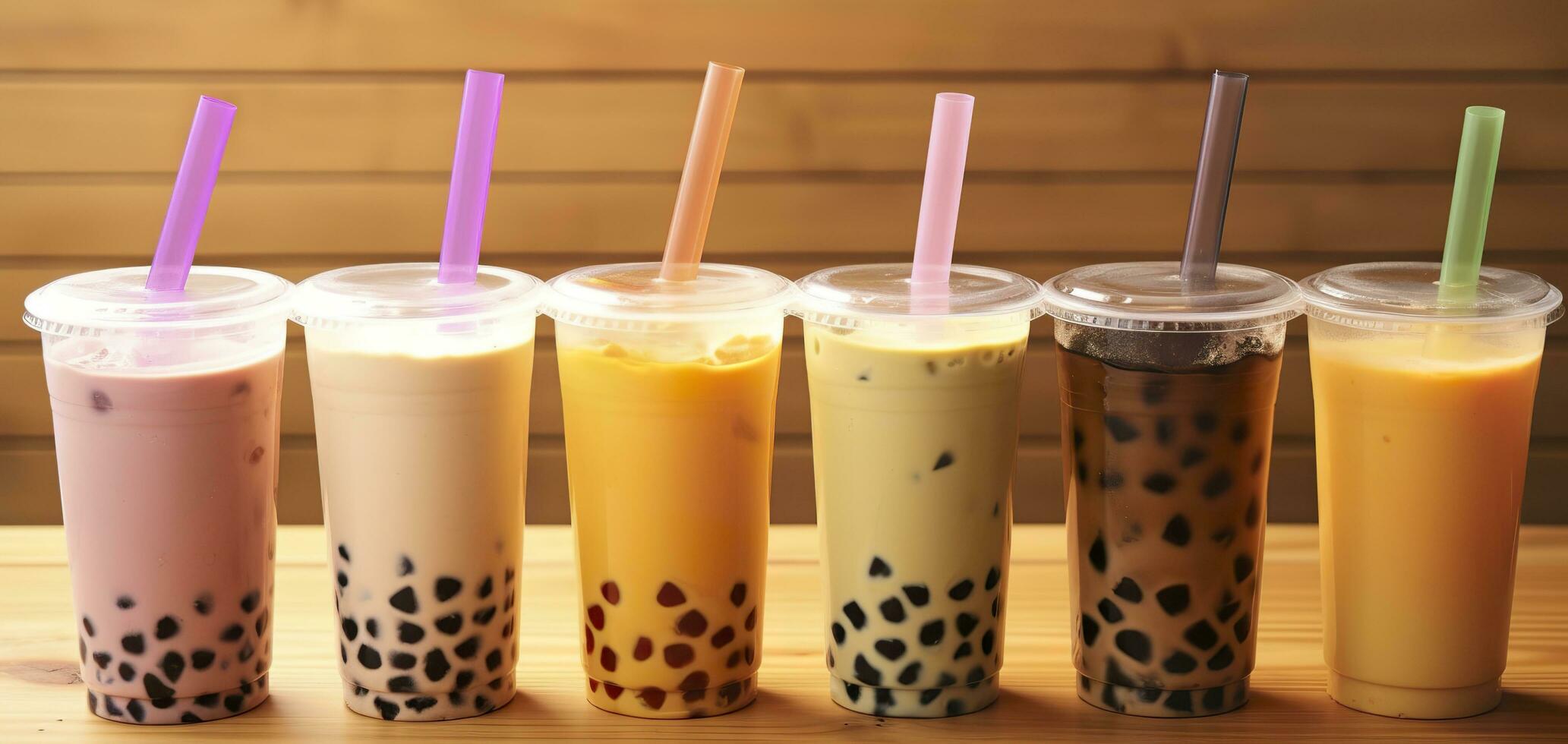 Plastic cups of different tasty bubble tea on wooden background. Generative AI photo