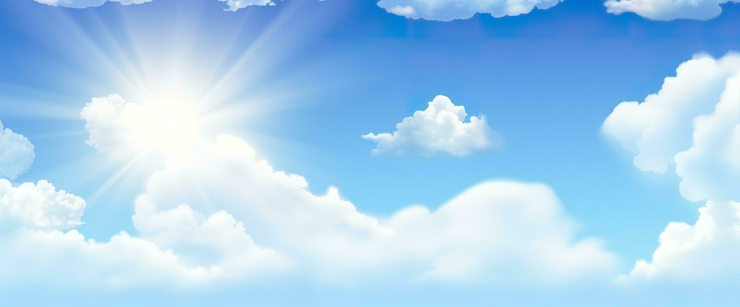 Sunny background, blue sky with white clouds and sun. Generative AI photo