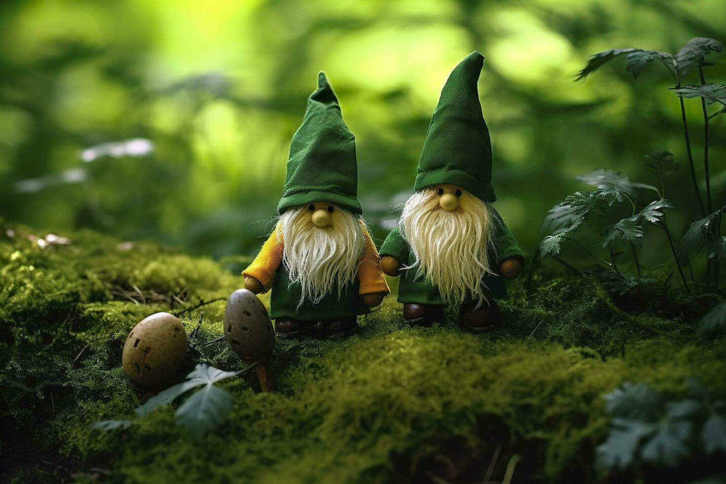 Toy Irish gnomes in a mystery forest, abstract green natural background. Generative AI photo