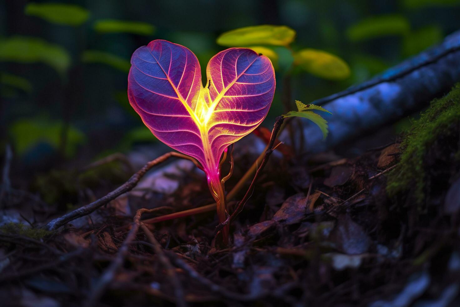 brillante bioluminiscente planta conformado me gusta un humano corazón, en un misterioso bosque. generativo ai foto