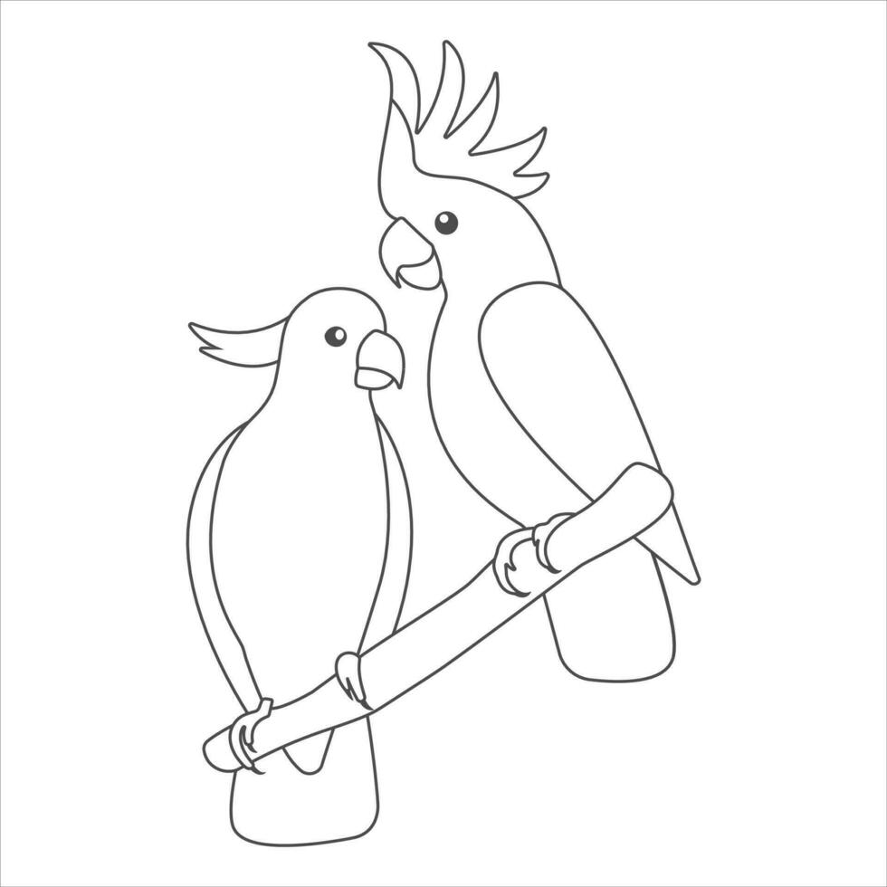 Australian doodle parrots couple. Cartoon cockatoo. Cute flat vector love parrots sitting on a branch isolated on white background. Talking realistic birds. Coloring picture