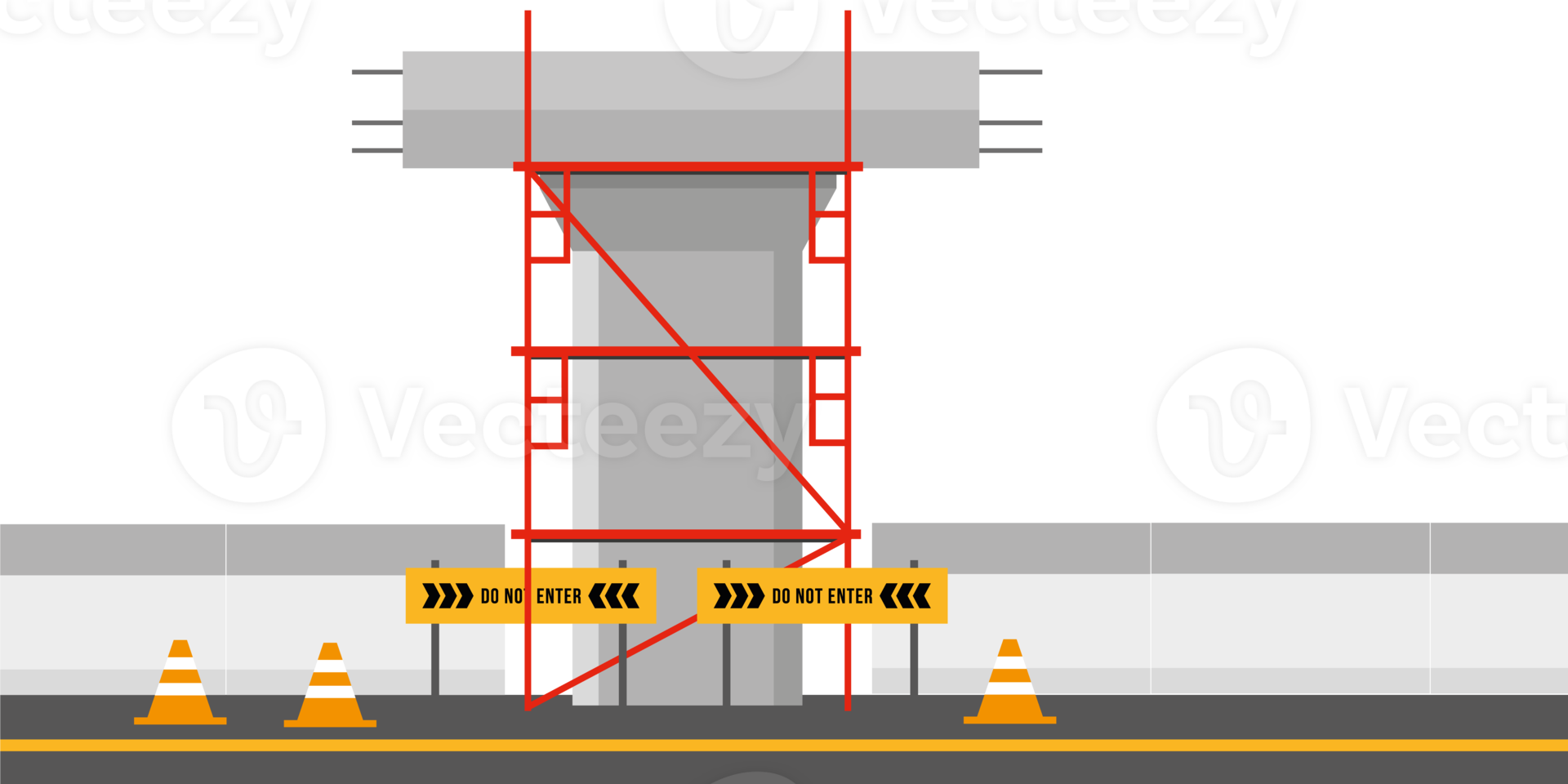 Straße Seite. Gerüst. Brücke Säule. Konstruktion. Brücke Beiträge unter Konstruktion. Straße Zaun. Brücke Über das Weg. Barrikade Block . png