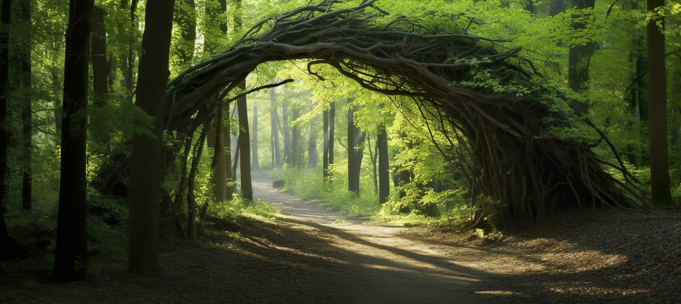 Natural archway shaped by branches in the forest. AI Generated photo
