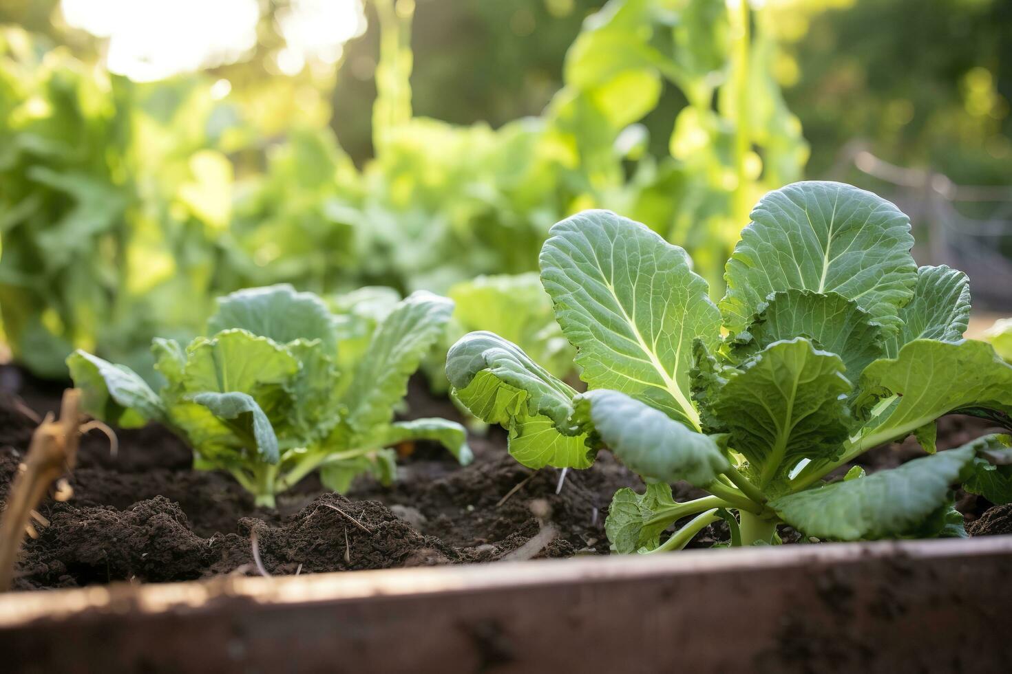 Fresh organic Brussels sprouts growing in the garden. Growing own fruits, vegetables. AI Generated photo