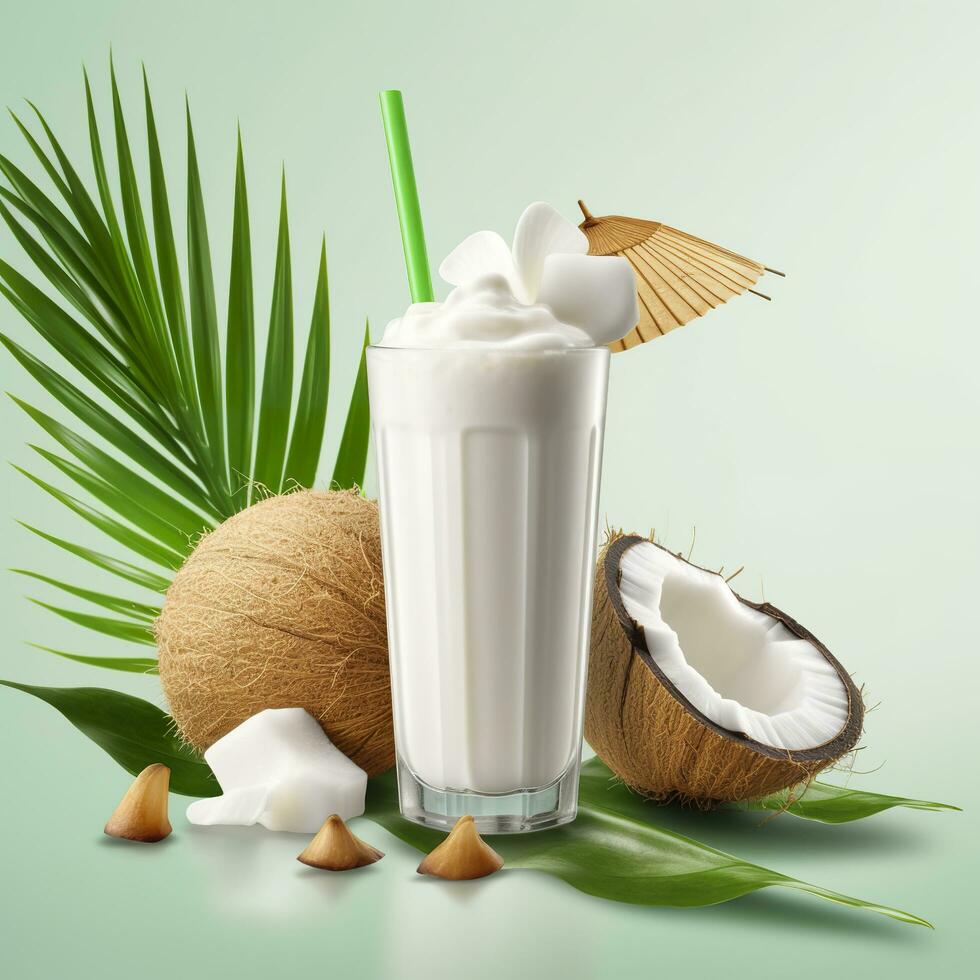 Coconut milk shake glass with fresh sliced coconut. Generative AI photo