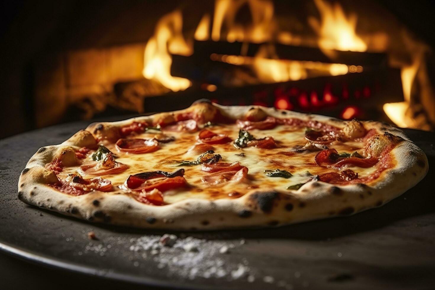 Freshly baked pizza closeup, traditional wood fired oven background. AI Generated photo