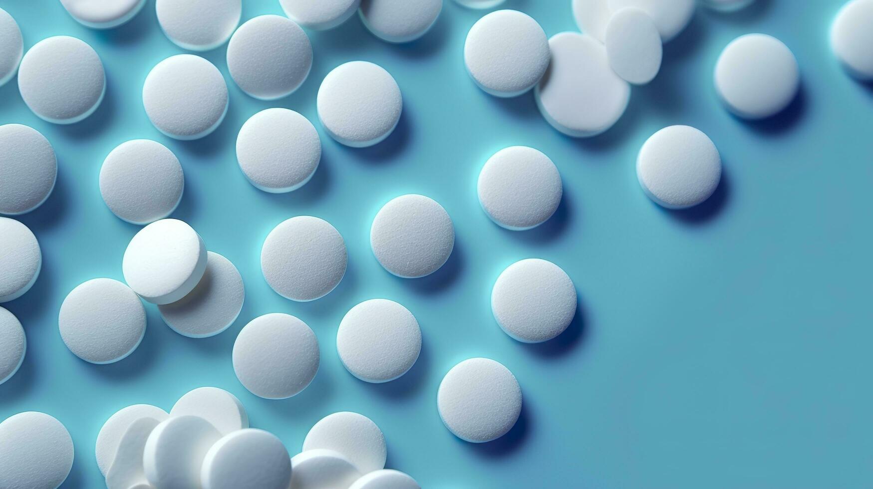 parte superior ver blanco medicina tabletas antibiótico pastillas en un suave azul fondo, Copiar espacio, farmacia tema, ai generativo foto