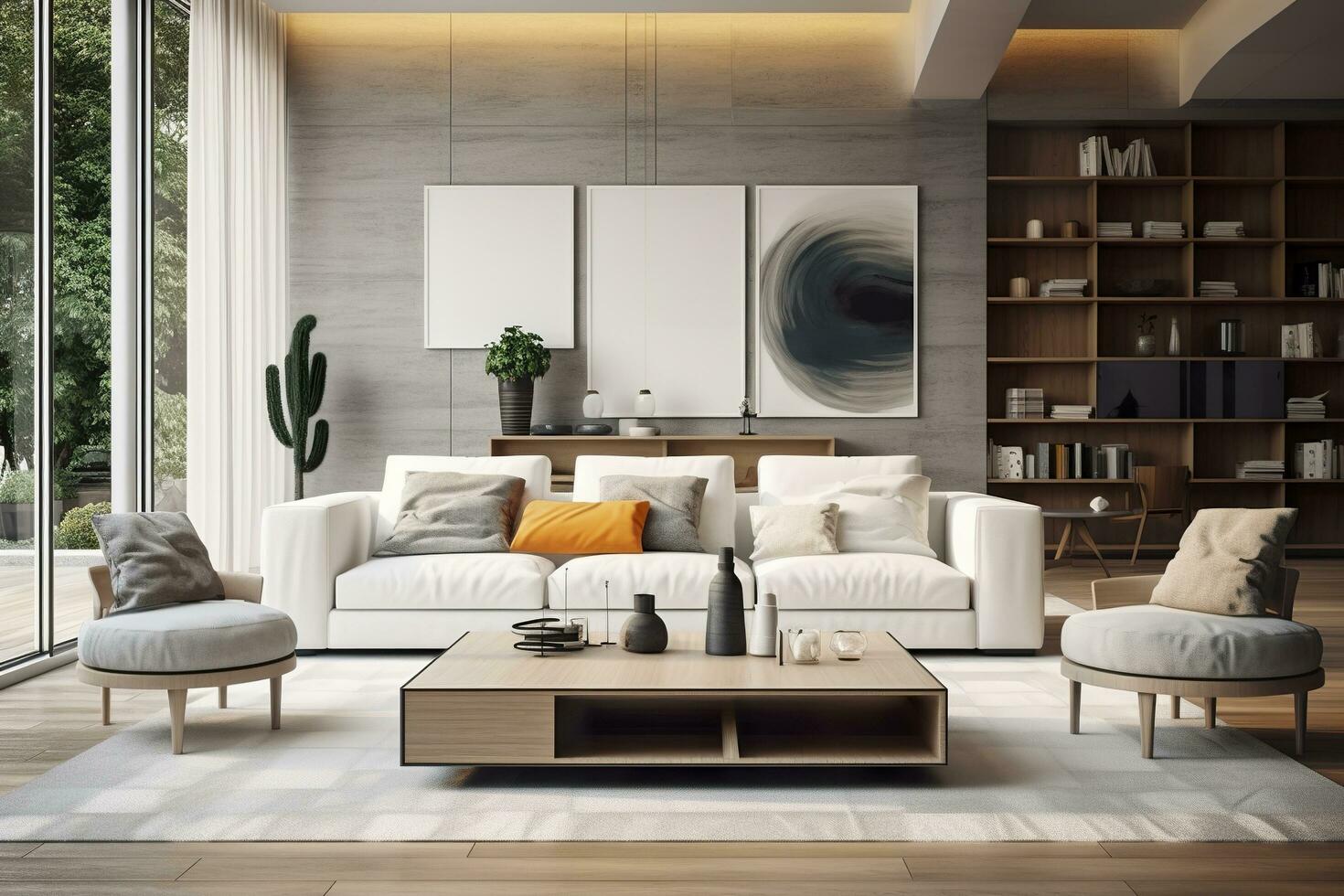 Modern living room with sofa and furniture. AI Generated photo