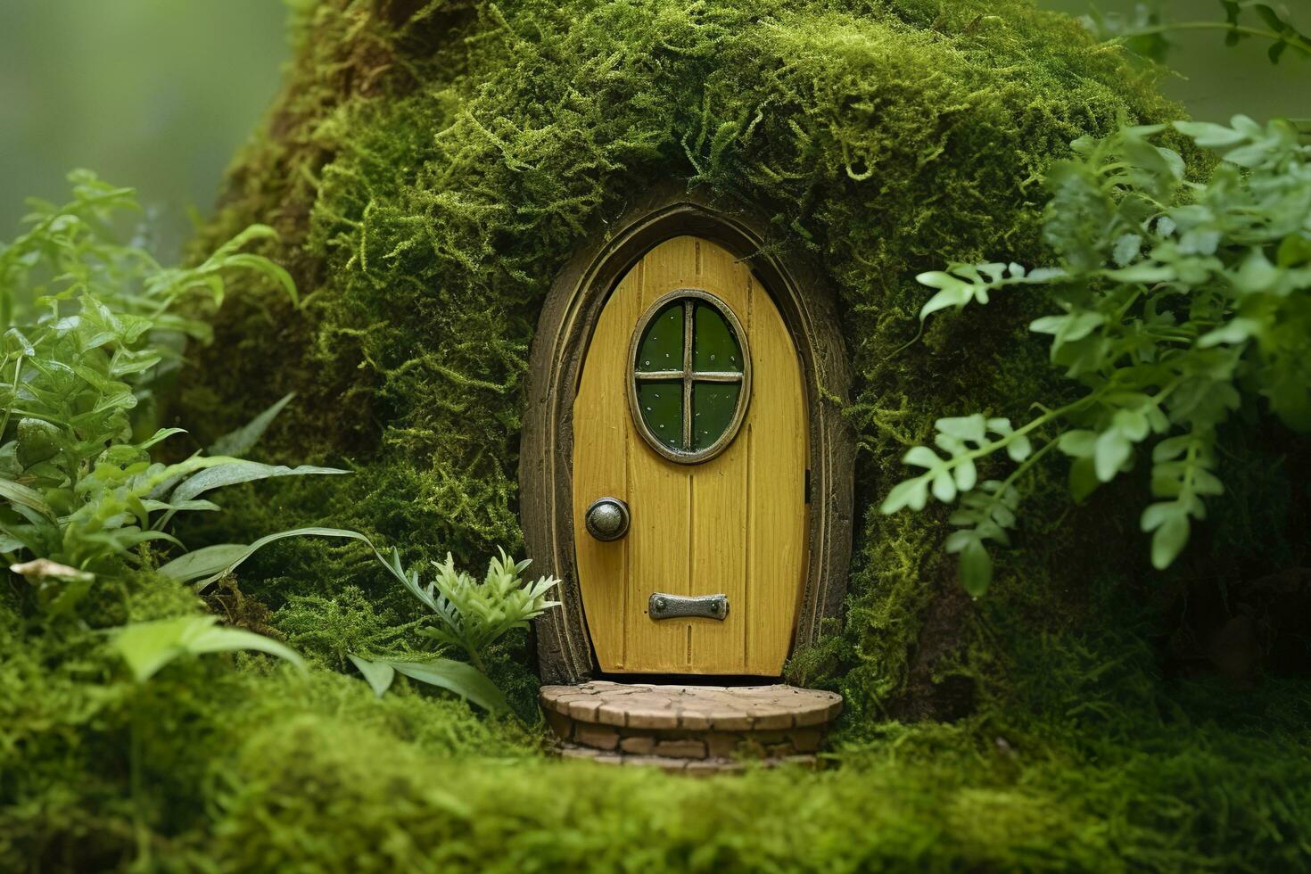 Little magic wooden fairy doors and plants leave on a mossy natural green background. AI Generated photo