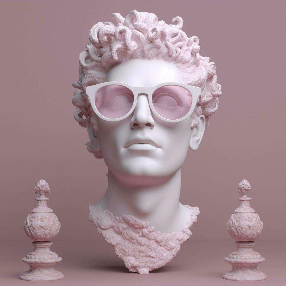 el cabeza de un blanco mitológico estatua con de moda rosado lentes en su ojos, marco en perfil. ai generativo foto