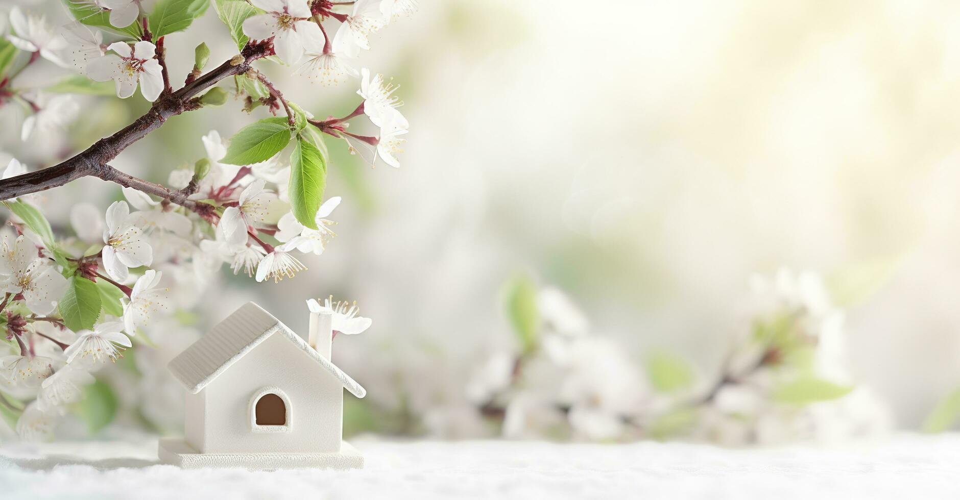 Toy house and cherry flowers, spring abstract natural background. Generative AI photo