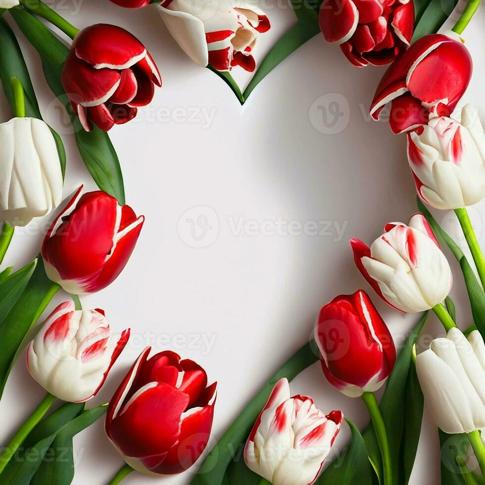 AI Generated The frame is a Love shape of red and white tulips on a white background with a place for text photo