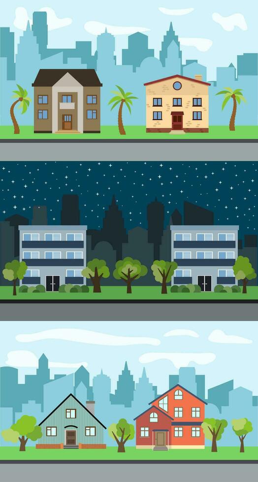 Set of three vector illustrations of city street with cartoon houses and trees. Summer urban landscape. Street view with cityscape on a background