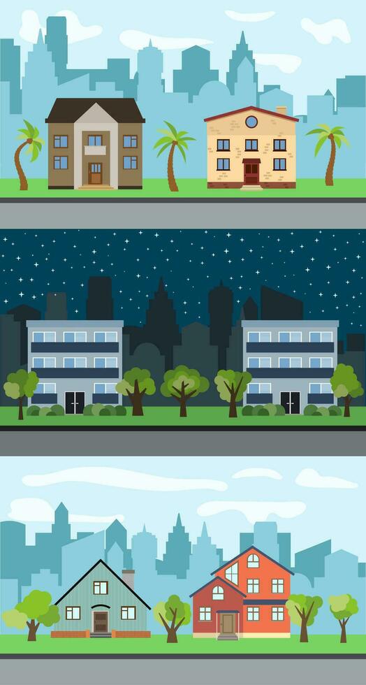 conjunto de tres ilustraciones vectoriales de la calle de la ciudad con casas de dibujos animados y árboles. paisaje urbano de verano. vista de la calle con paisaje urbano en un fondo vector