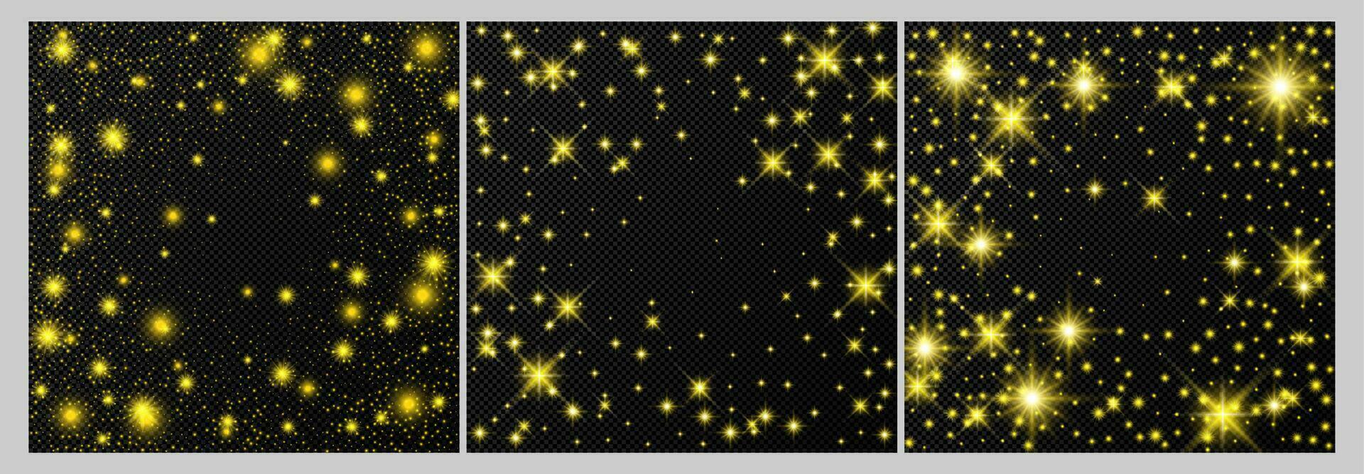 conjunto de Tres oro telones de fondo con estrellas y polvo destellos aislado en oscuro antecedentes. celebración mágico Navidad brillante ligero efecto. vector ilustración.