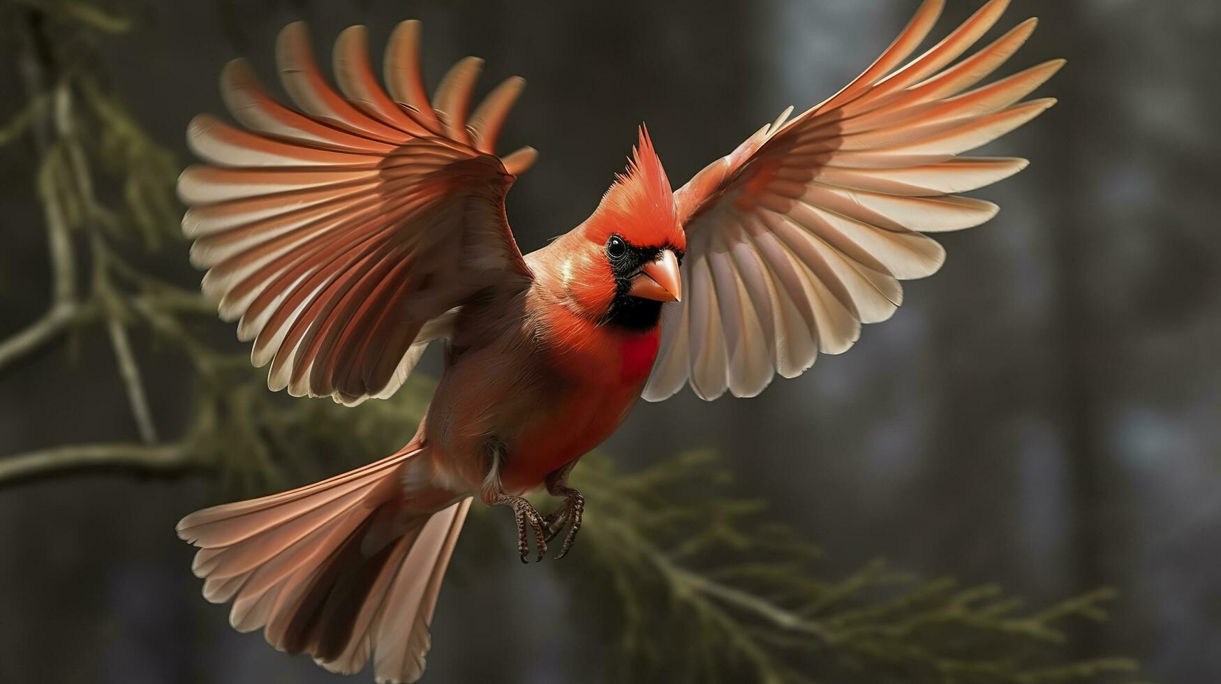 Northern Cardinal coming in for a landing. Generative AI photo