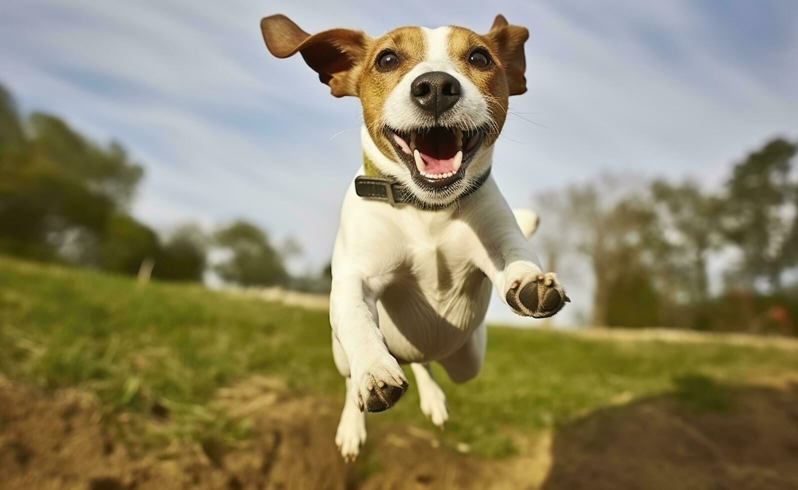 Jack Russel Parson Dog Run Toward The Camera Low Angle High Speed Shot. AI Generated photo