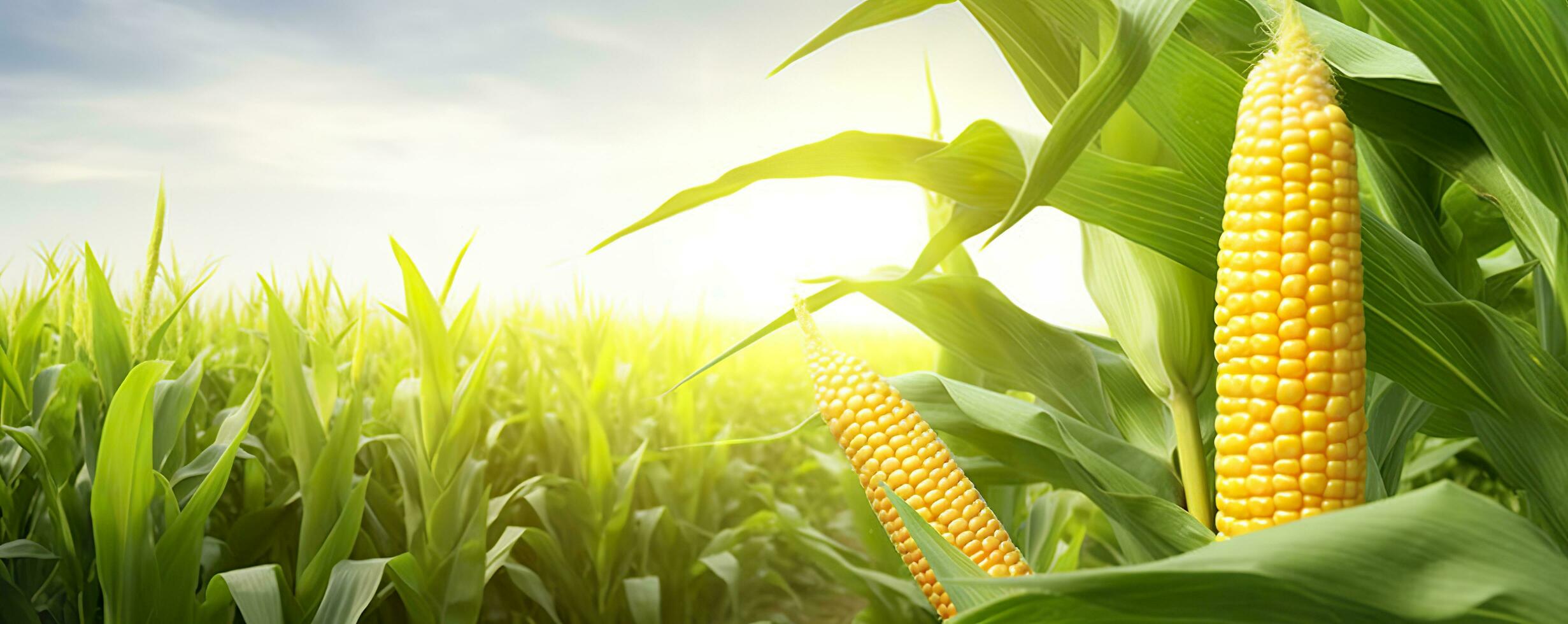 Closeup corn cobs in corn plantation field. Generative AI photo