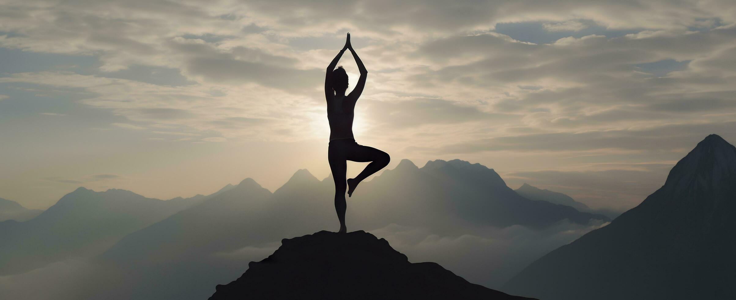 silhouette of a woman practicing yoga in the summit with mountain Background. AI Generated photo