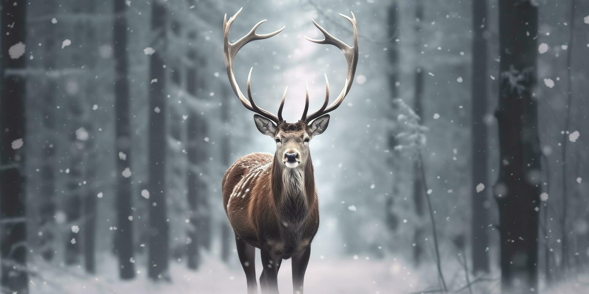 Noble deer male in the winter snow forest. Artistic winter Christmas landscape. AI Generated photo