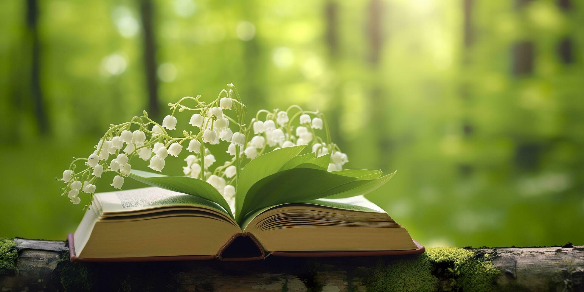 Lily of the Valley flowers and old books in the forest, green natural background. AI Generated photo