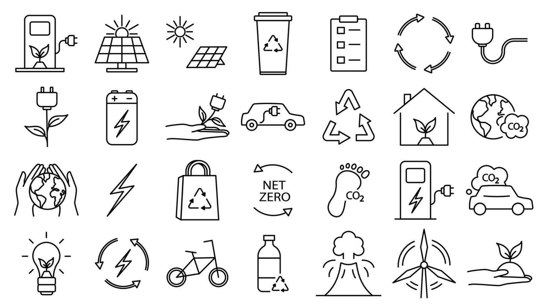 Icon collection with zero emission symbol concept. greenhouse gas carbon credit design set. protect ecological green vector outline. carbon net zero neutral natural. carbon footprint art pictogram