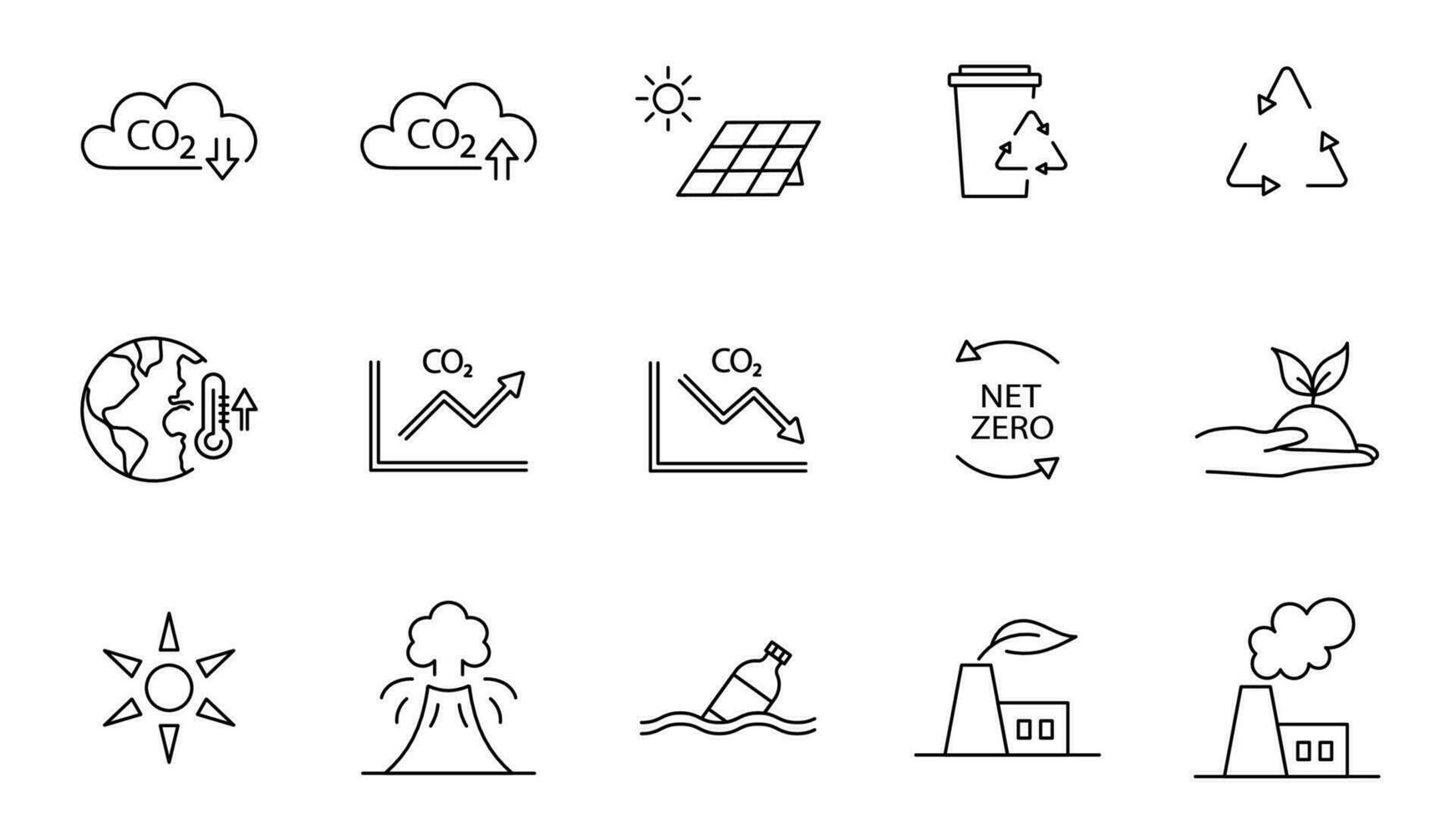 Icon collection with zero emission symbol concept. greenhouse gas carbon credit design set. protect ecological green vector outline. carbon net zero neutral natural. carbon footprint art pictogram