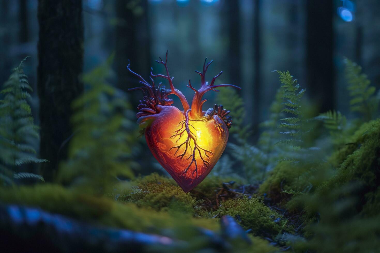 Glowing bioluminescent plant shaped like a human heart, in a mysterious forest. Generative AI photo