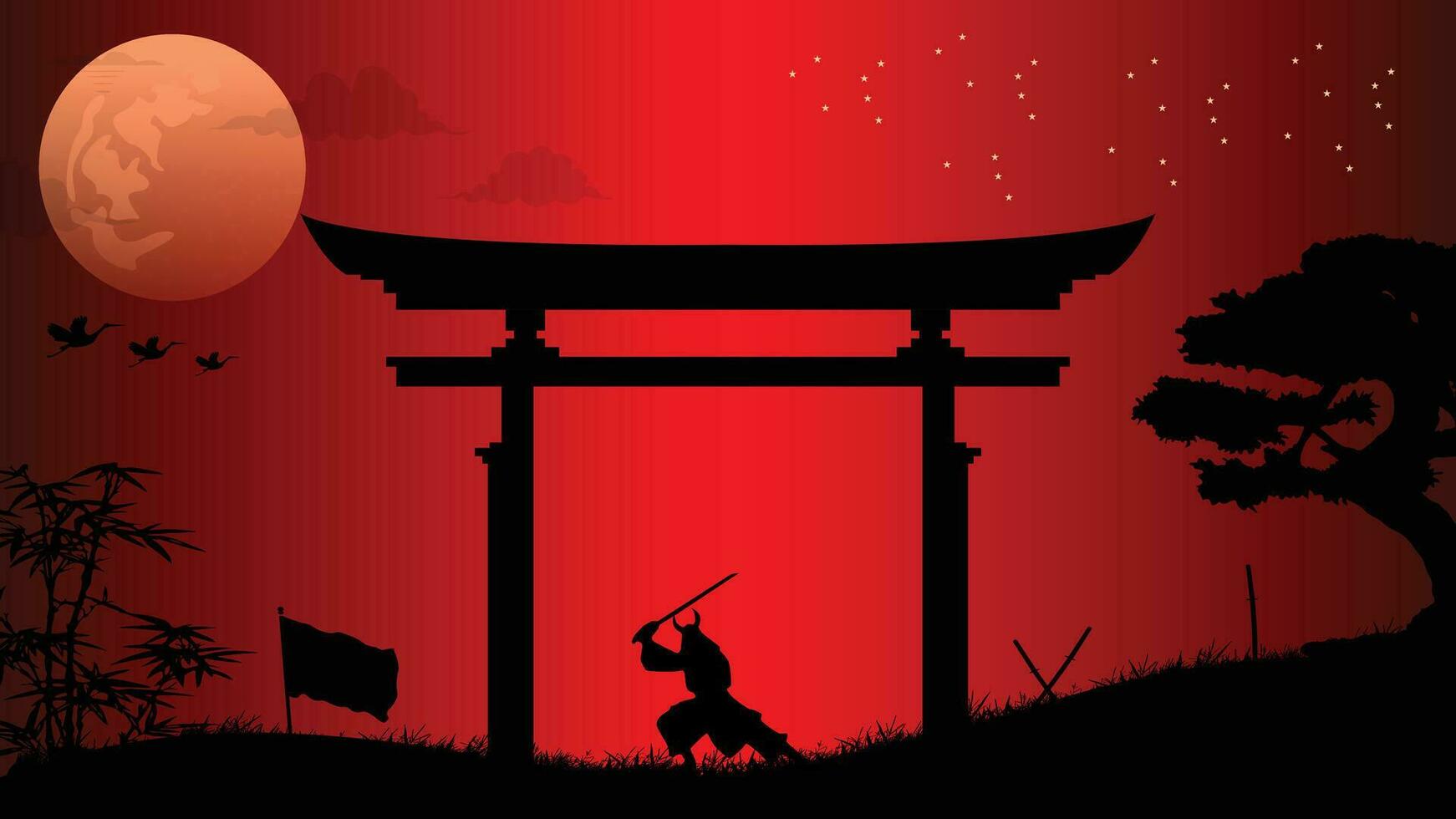 ilustración vector gráfico de ninjas, asesino, samurai formación a noche en un lleno Luna. Perfecto para fondo de pantalla, póster, etc.