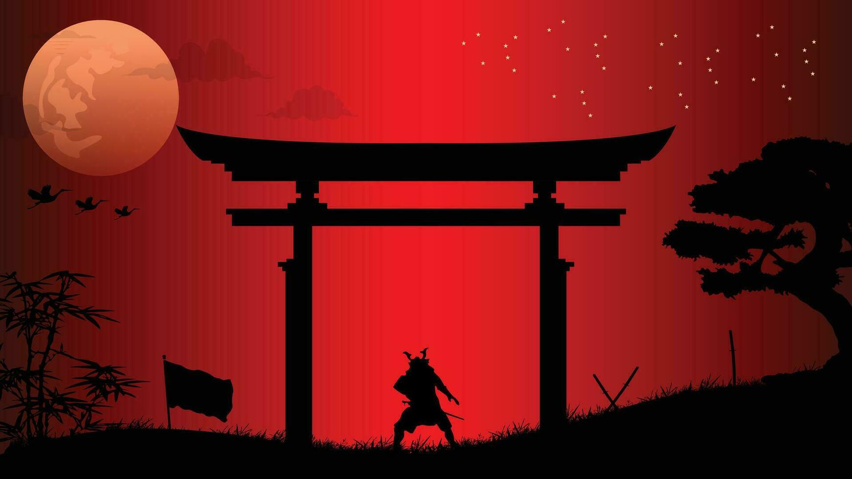 illustration vector graphic of Ninja, Assassin, Samurai training at night on a full moon. Perfect for wallpaper, poster, etc.