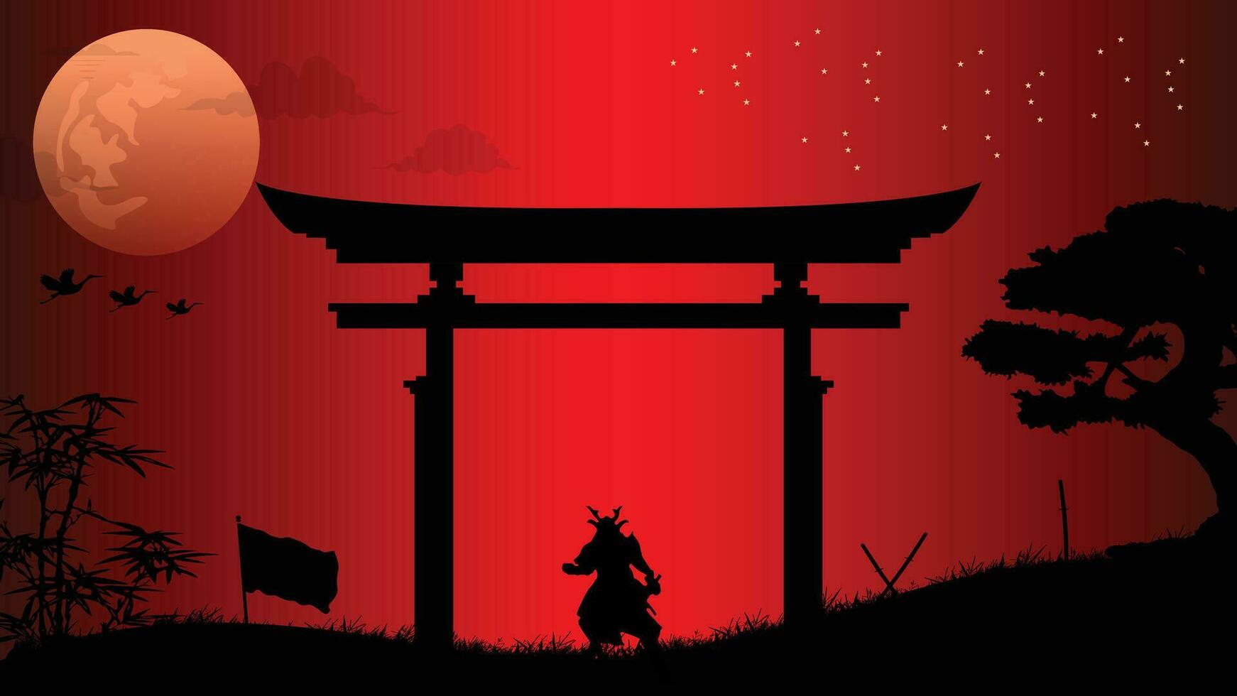 ilustración vector gráfico de ninjas, asesino, samurai formación a noche en un lleno Luna. Perfecto para fondo de pantalla, póster, etc.