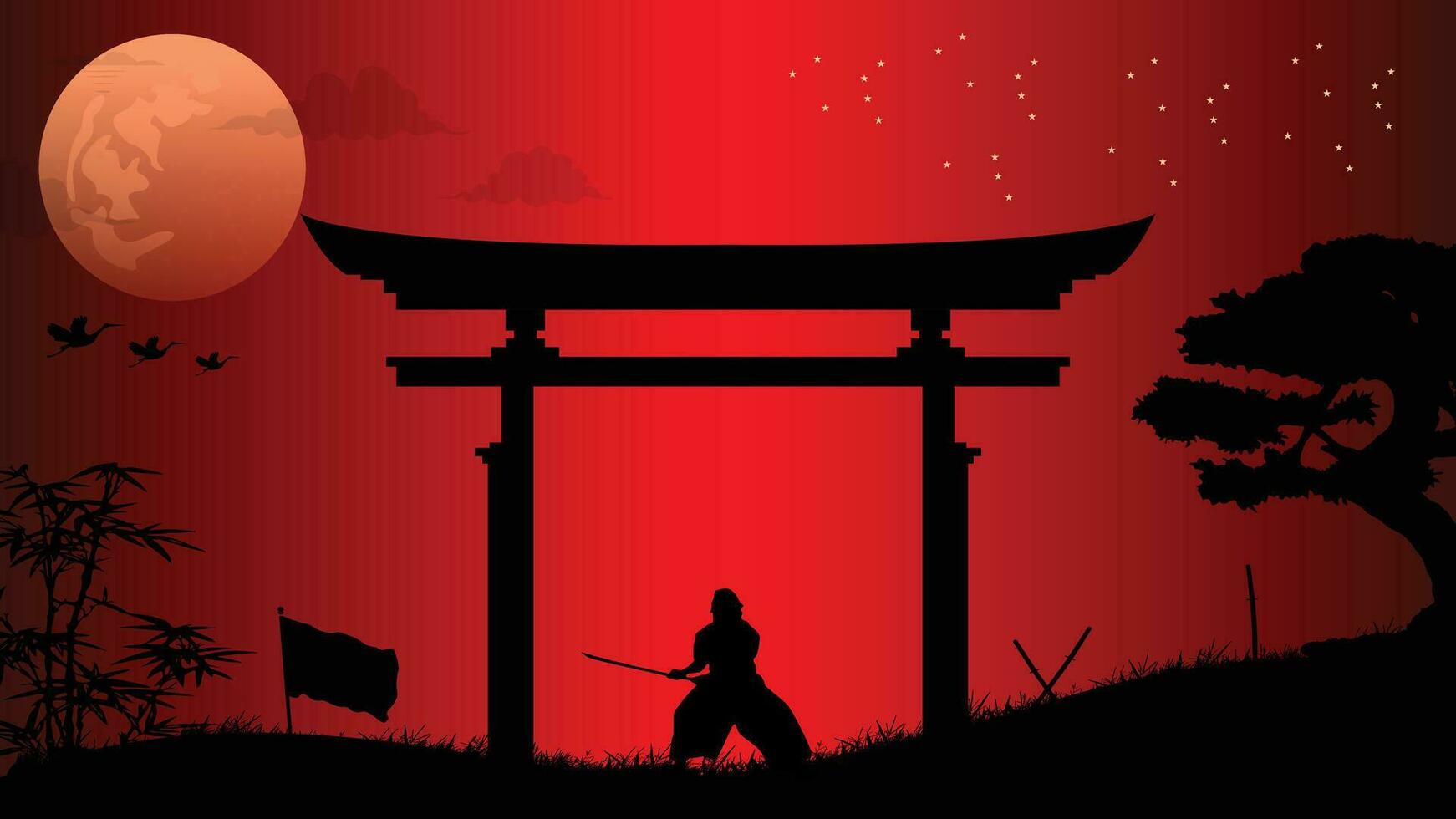 ilustración vector gráfico de ninjas, asesino, samurai formación a noche en un lleno Luna. Perfecto para fondo de pantalla, póster, etc.