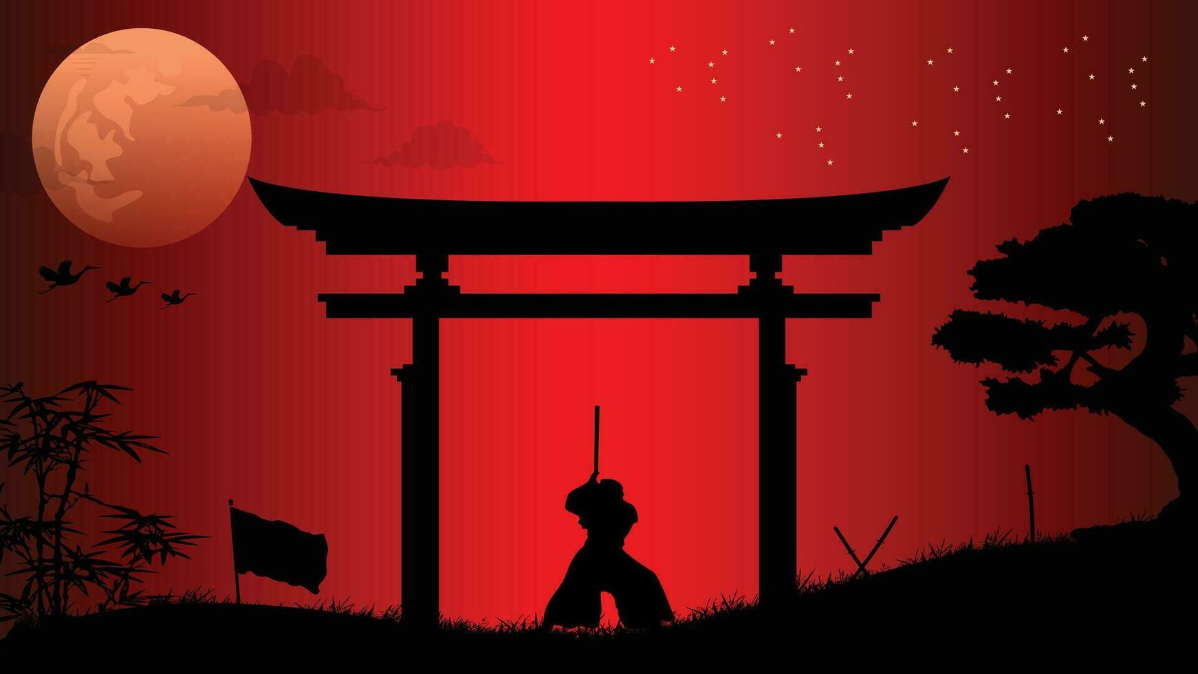 ilustración vector gráfico de ninjas, asesino, samurai formación a noche en un lleno Luna. Perfecto para fondo de pantalla, póster, etc.