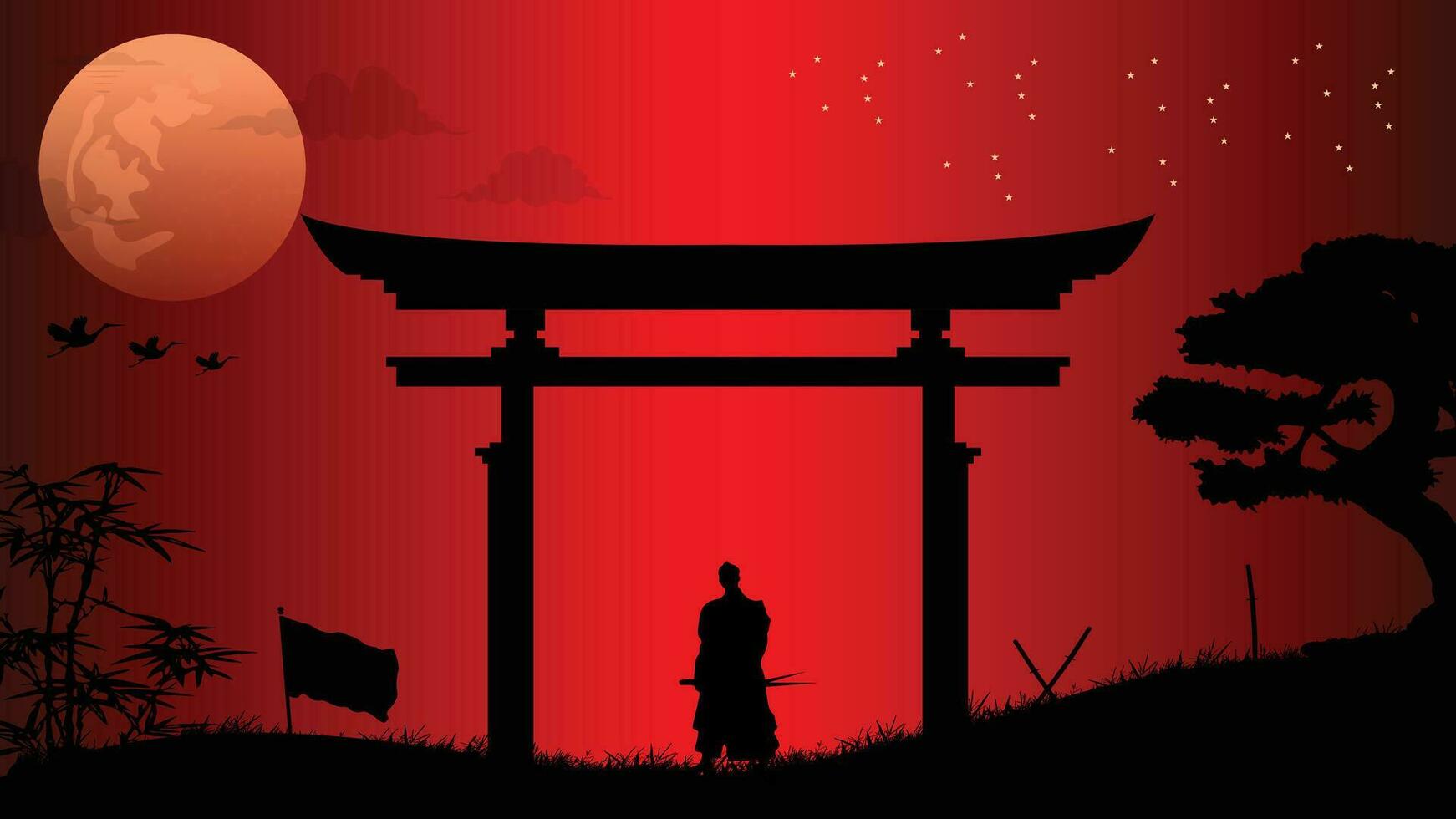 illustration vector graphic of Ninja, Assassin, Samurai training at night on a full moon. Perfect for wallpaper, poster, etc.