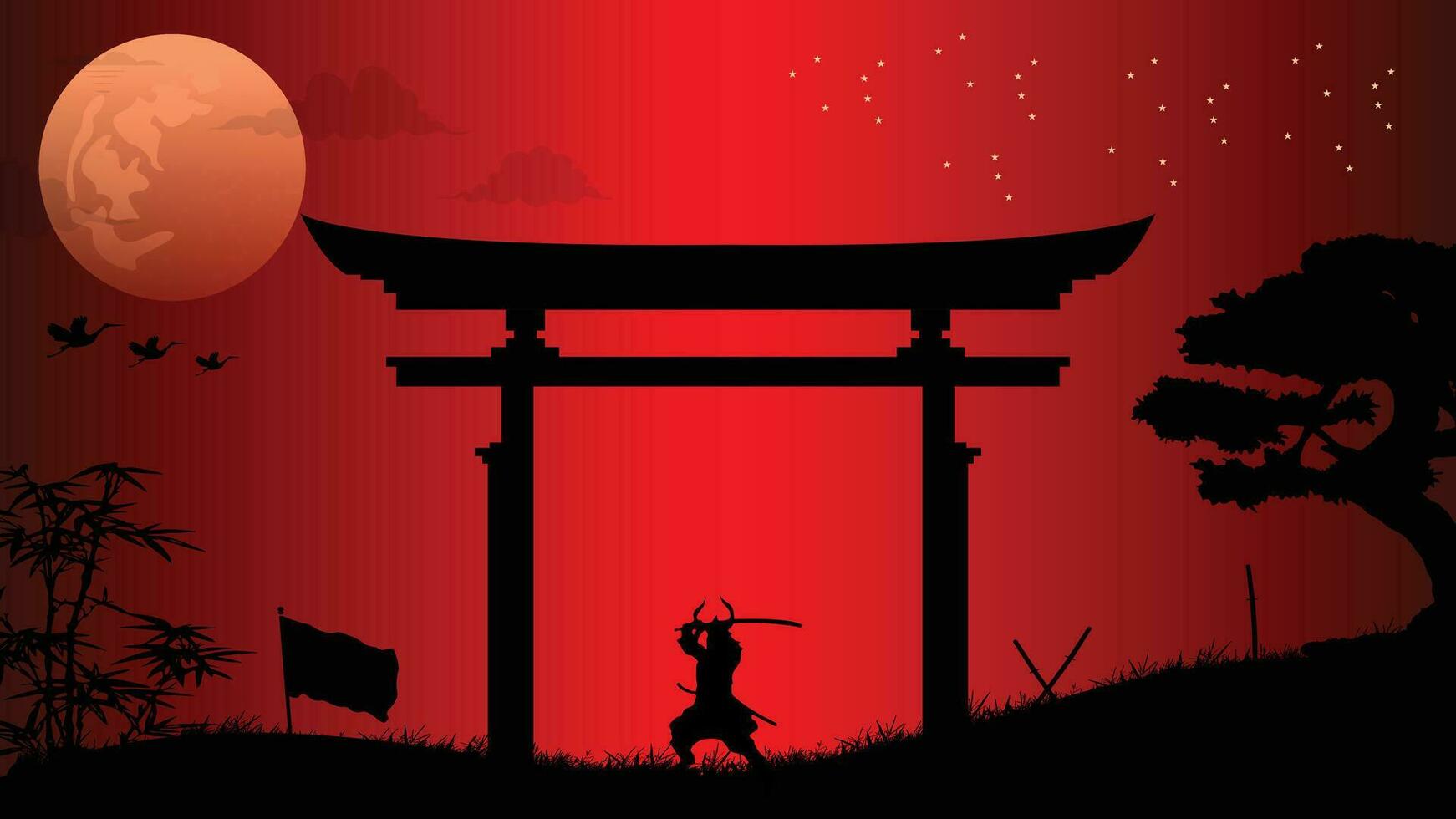 illustration vector graphic of Ninja, Assassin, Samurai training at night on a full moon. Perfect for wallpaper, poster, etc.