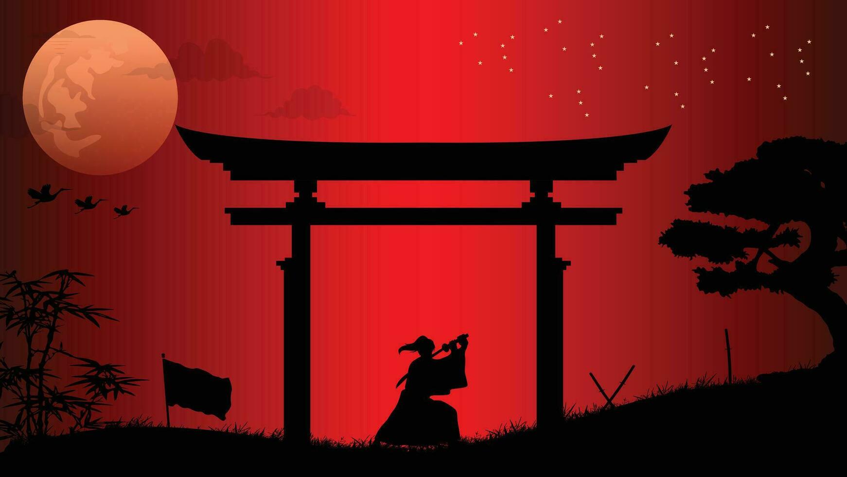 ilustración vector gráfico de ninjas, asesino, samurai formación a noche en un lleno Luna. Perfecto para fondo de pantalla, póster, etc.