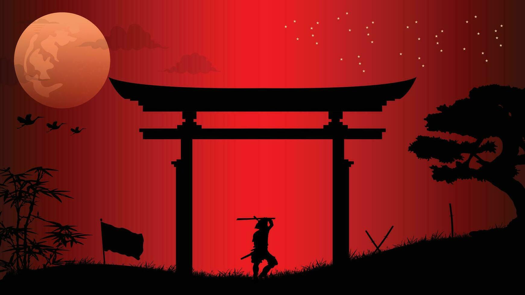 illustration vector graphic of Ninja, Assassin, Samurai training at night on a full moon. Perfect for wallpaper, poster, etc.