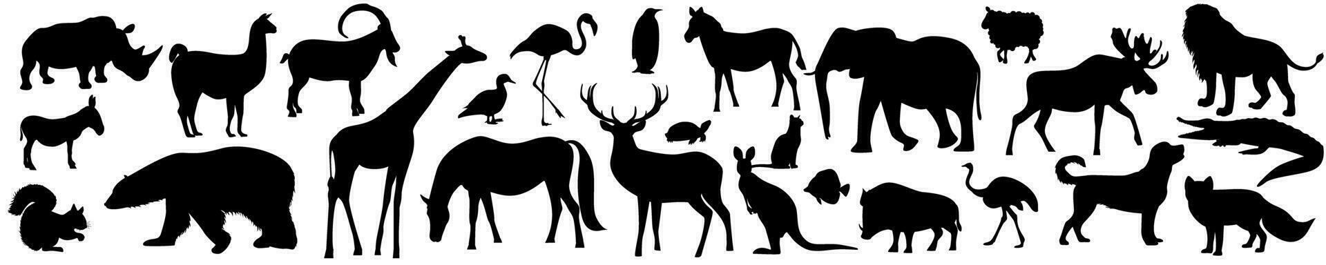 salvaje animales y aves silueta. oso con jirafa y alce con elefante rastreado ciervo diseño con vector canguro
