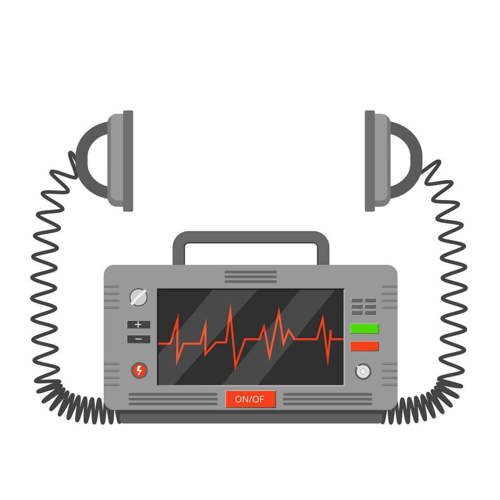 Device for emergency resuscitation defibrillator. Medical electrical first aid equipment with heart rate scale and two vector current arresters.