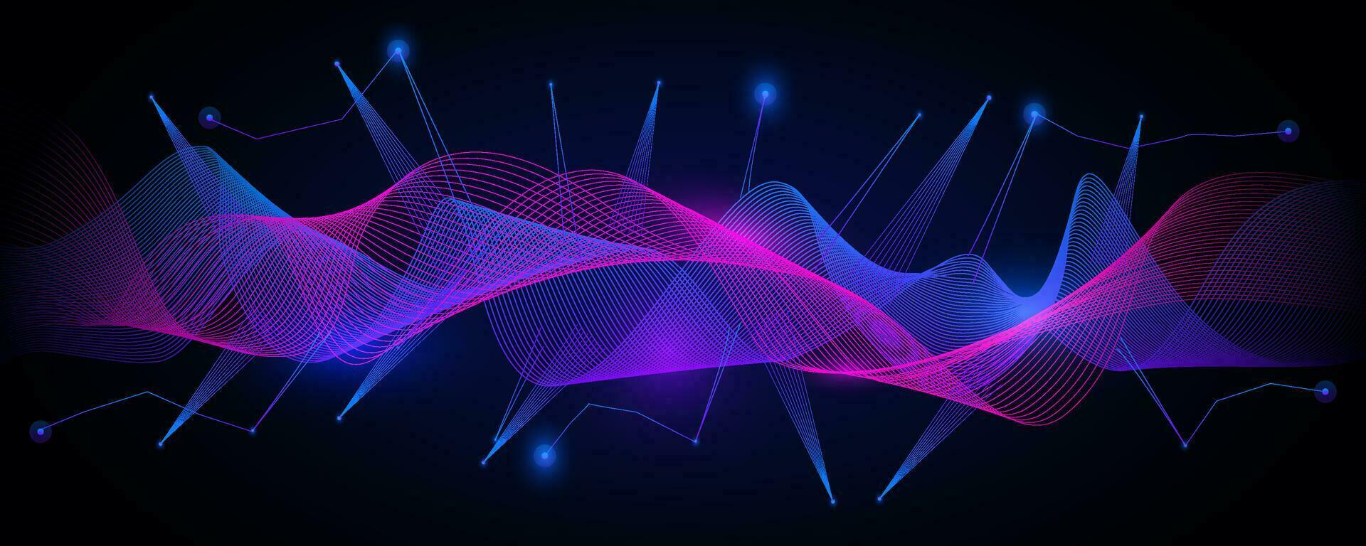Purple techno mesh waves in dark background. Futuristic digital stream with neon beams and dynamic vector streaks