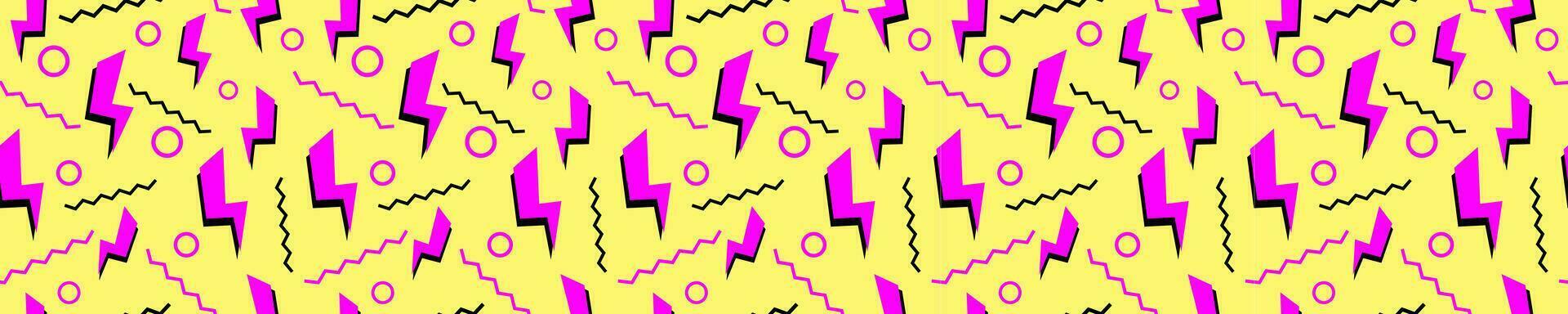 Purple lightning bolts on yellow surface seamless pattern. Electrical abstract symbols with wavy lines and circles for retro decoration and vector design