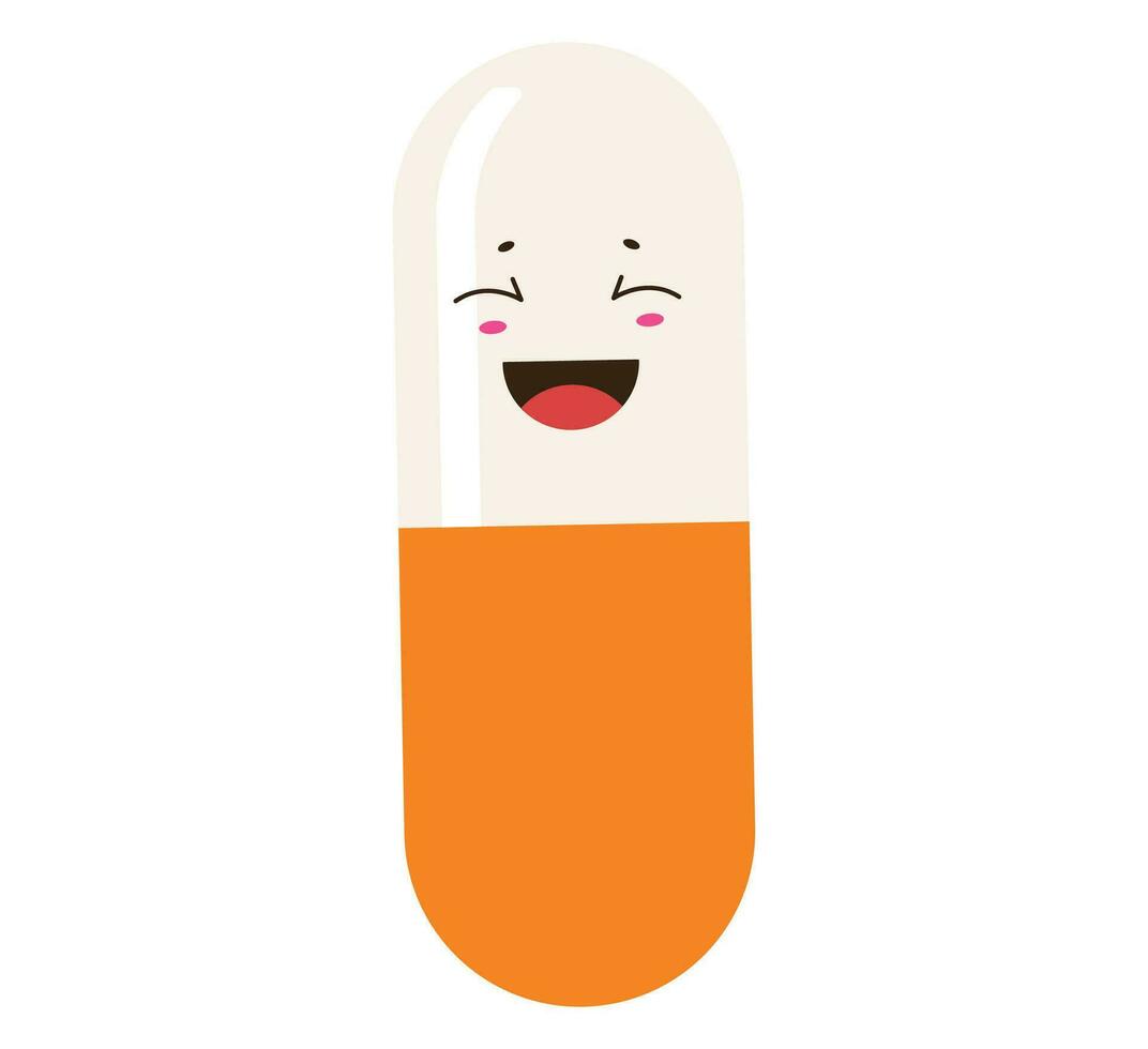 Funny healing pills. Smiling cartoon pills and capsules with hearts laughing painkillers antibiotics funny coronovirus treatment color vector health.