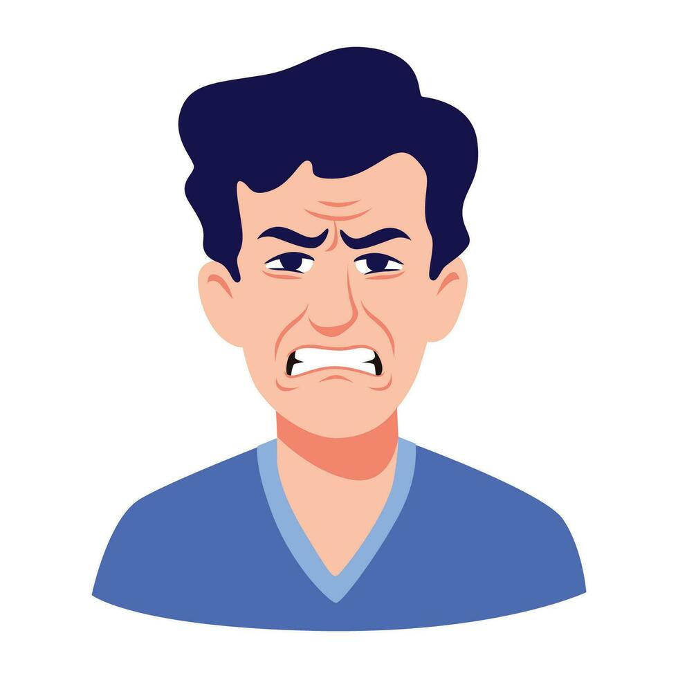Angry cartoon man with steam coming out of ears isolated on white. Portrait of stressed male having anger and irritation emotion vector graphic illustration. Face of depressed person with headache