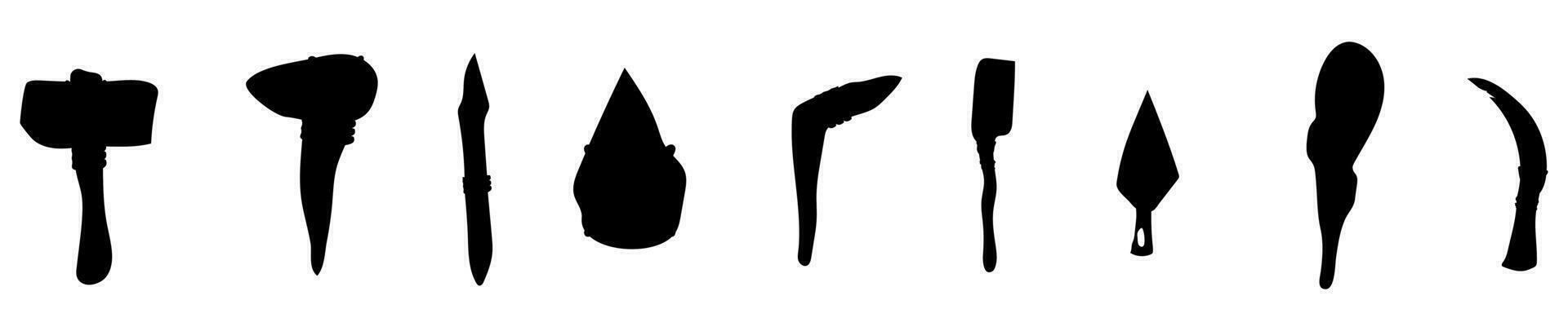 Primitive weapon and tool silhouette. Caveman hammer and ax with sickle and arrow for hunting and rural vector work