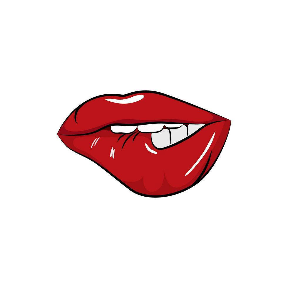 rojo sexy labios pegatina parche. hembra maquillaje con Besos y sonrisa para vistoso popular diseño y abierto vector belleza colección