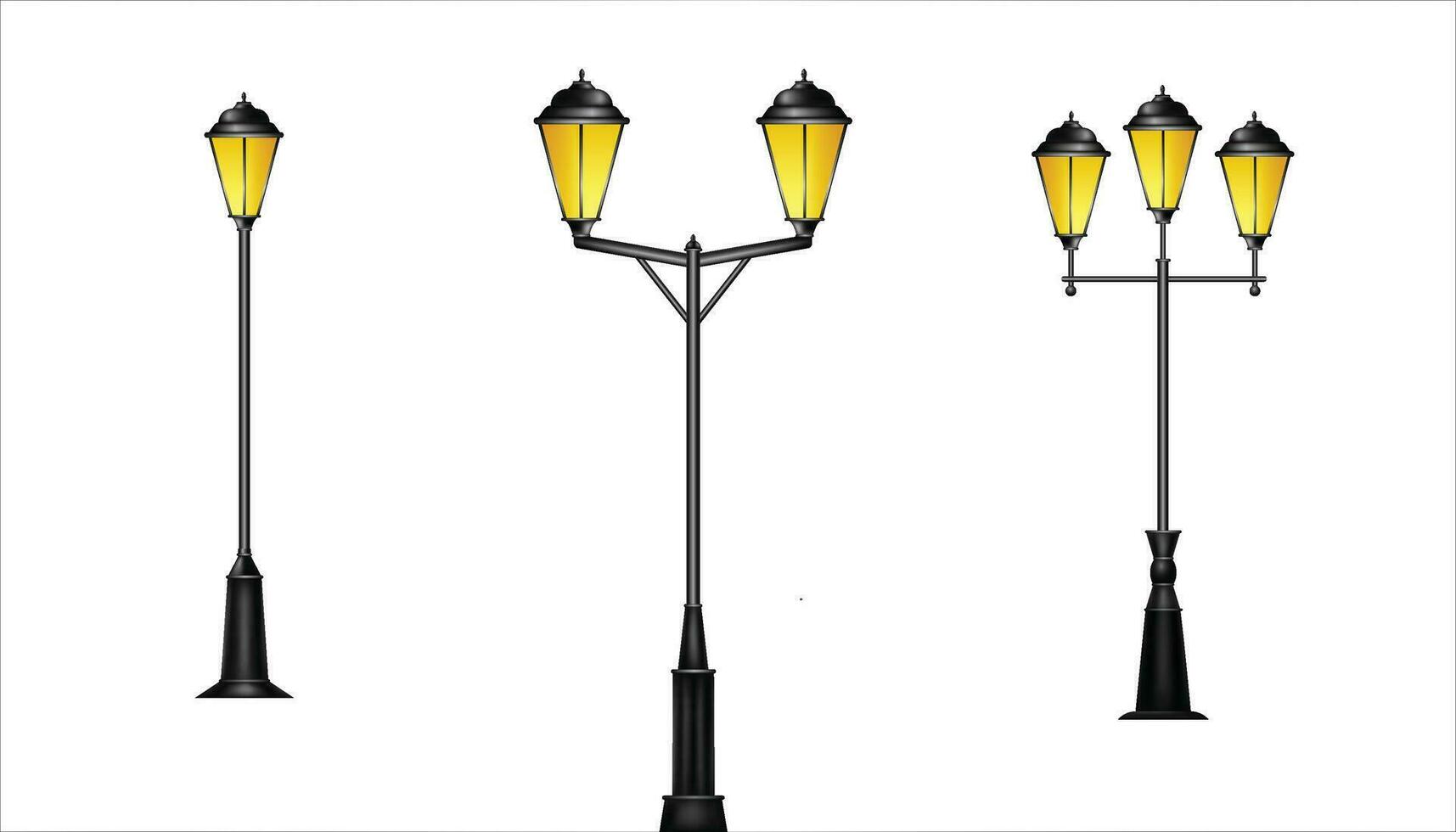 Glowing street lights isolated. Vintage lighting in glass bells on curly iron pillars elegant triple and double retro vector lanterns